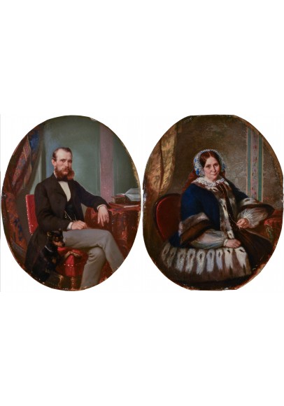 Карелин Андрей Осипович (1837-1906). Парные портреты «Портрет мужчины с собачкой», «Портрет дамы в салоне».